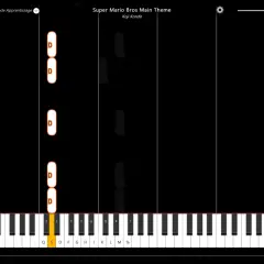 Mario, czy ty wiesz nuty? Na ekranie widać wirtualne pianino z podświetlonymi klawiszami i nutami do nauki "Super Mario Bros Main Theme".