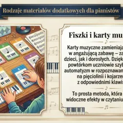 Karty muzyczne pokazują, jak wyglądają nuty na pięciolinii i odpowiadające im klawisze fortepianu. Pomagają w nauce gry.