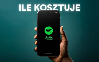 Dłoń trzyma smartfon z logo Spotify Premium. Tekst nad nim pyta: ile kosztuje Spotify Premium?