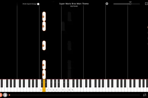 Mario, czy ty wiesz nuty? Na ekranie widać wirtualne pianino z podświetlonymi klawiszami i nutami do nauki "Super Mario Bros Main Theme".