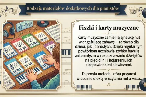 Karty muzyczne pokazują, jak wyglądają nuty na pięciolinii i odpowiadające im klawisze fortepianu. Pomagają w nauce gry.