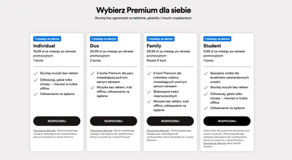 Wybierz plan Spotify Premium: Individual, Duo, Family lub Student. Dowiedz się, jak kupić Spotify Premium i słuchać muzyki bez reklam.