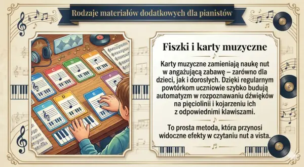 Karty muzyczne pokazują, jak wyglądają nuty na pięciolinii i odpowiadające im klawisze fortepianu. Pomagają w nauce gry.