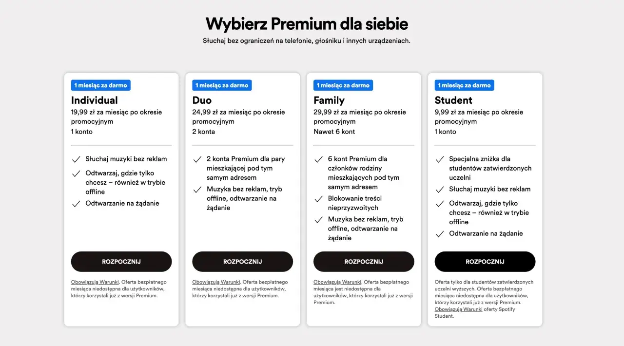 Ile kosztuje Spotify Premium? Cennik: Individual 19,99 zł, Duo 24,99 zł, Family 29,99 zł, Student 9,99 zł (po okresie promocyjnym).