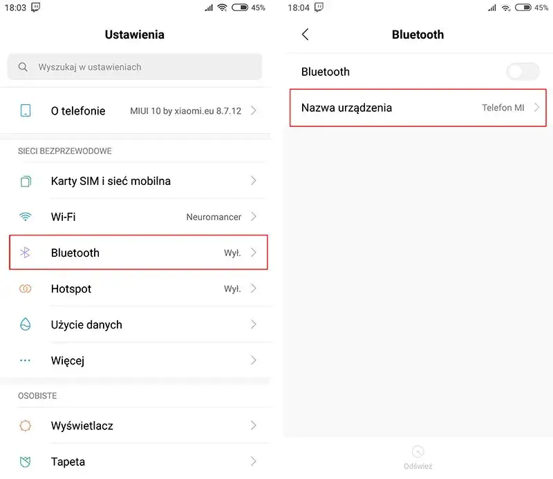 Ustawienia Bluetooth Android telefon