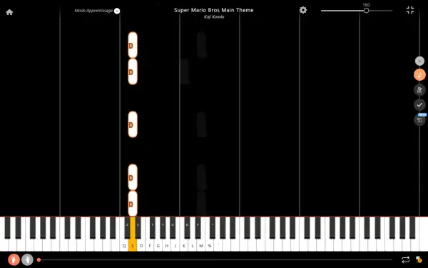 Mario, czy ty wiesz nuty? Na ekranie widać wirtualne pianino z podświetlonymi klawiszami i nutami do nauki "Super Mario Bros Main Theme".